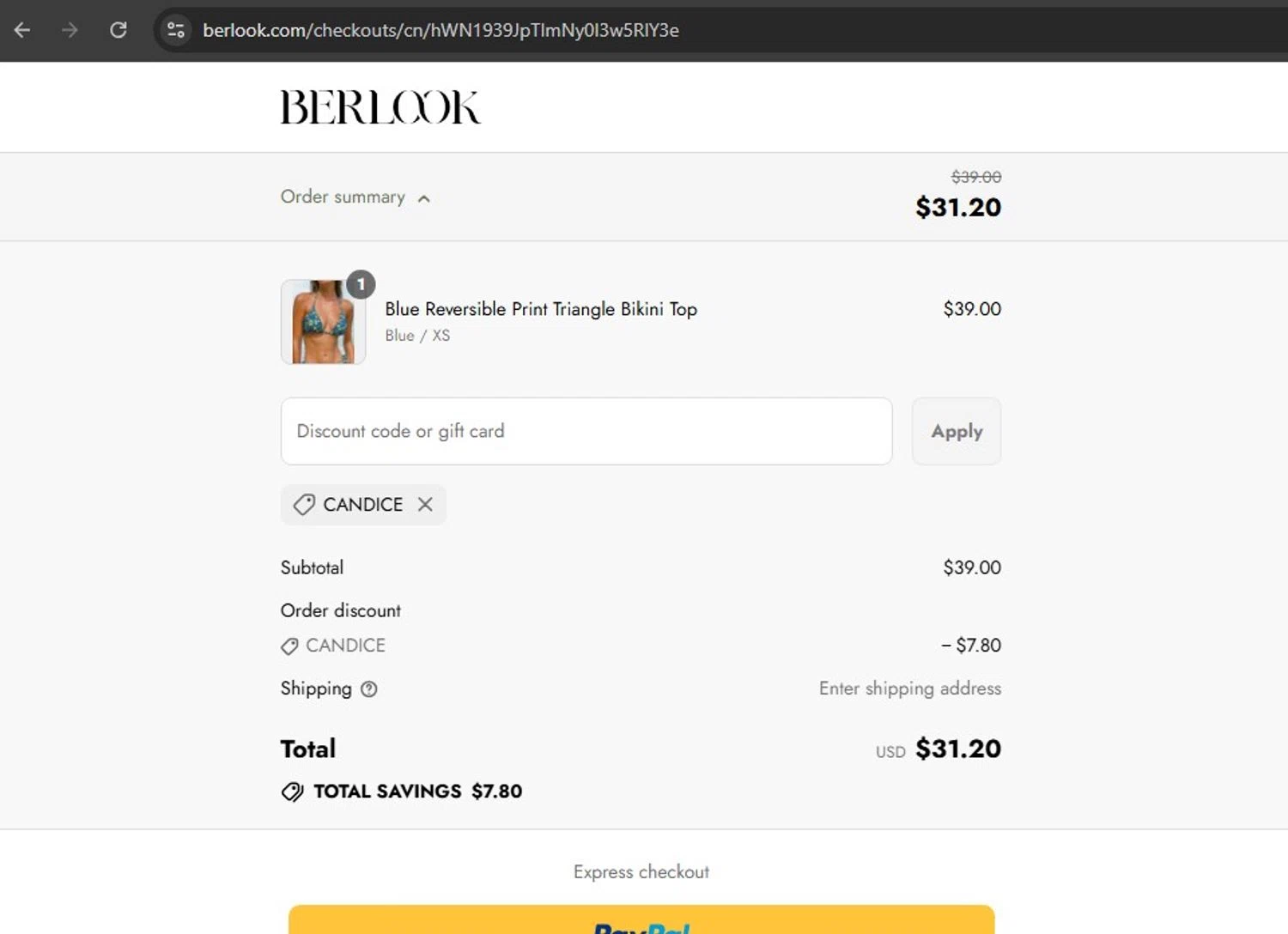 BERLOOK discount code screenshot showing code CANDICE applied at BERLOOK checkout page. Uploaded by SimplyCodes community member ElToro on Jul 28, 2025