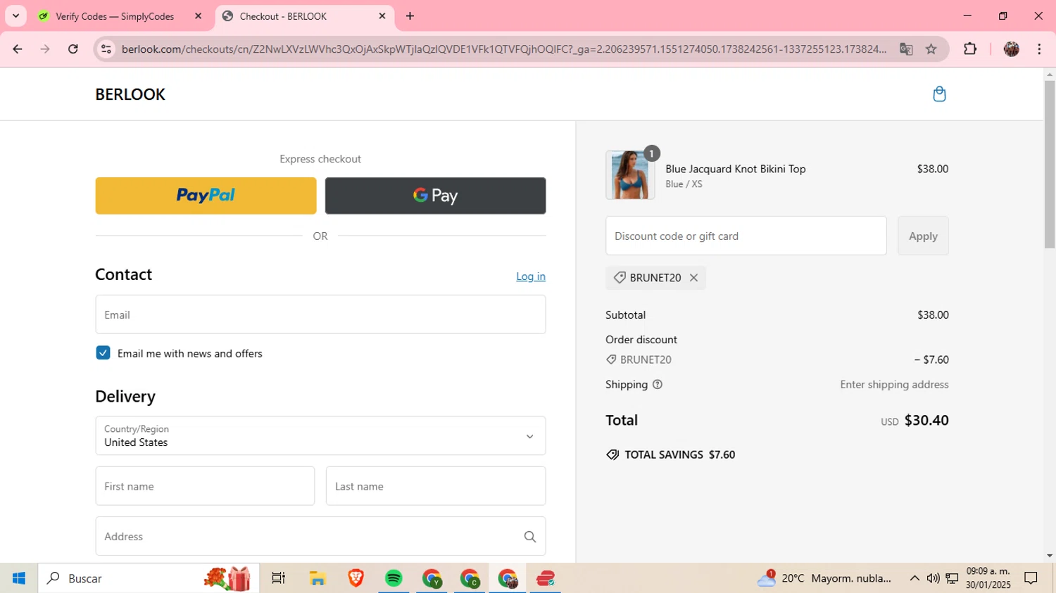 BERLOOK discount code screenshot showing code BRUNET20 applied at BERLOOK checkout page. Uploaded by SimplyCodes community member BargainExpert9390 on Jan 30, 2025