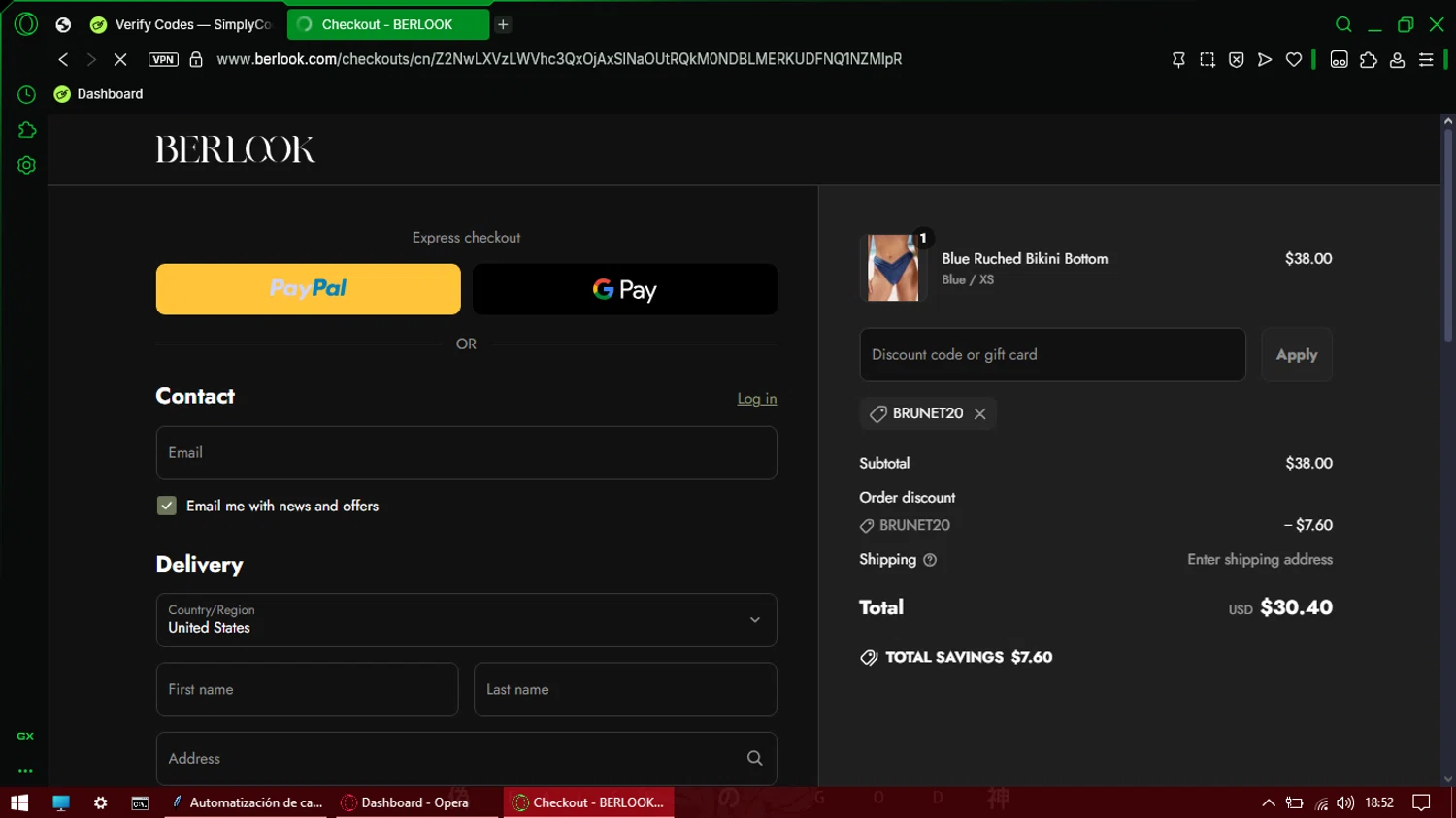 BERLOOK discount code screenshot showing code BRUNET20 applied at BERLOOK checkout page. Uploaded by SimplyCodes community member protah on Apr 28, 2025