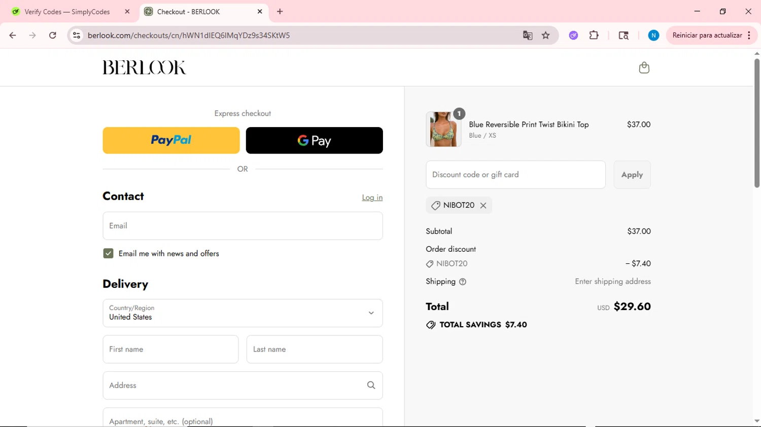 BERLOOK discount code screenshot showing code NIBOT20 applied at BERLOOK checkout page. Uploaded by SimplyCodes community member QuestOwl6398 on Aug 10, 2025