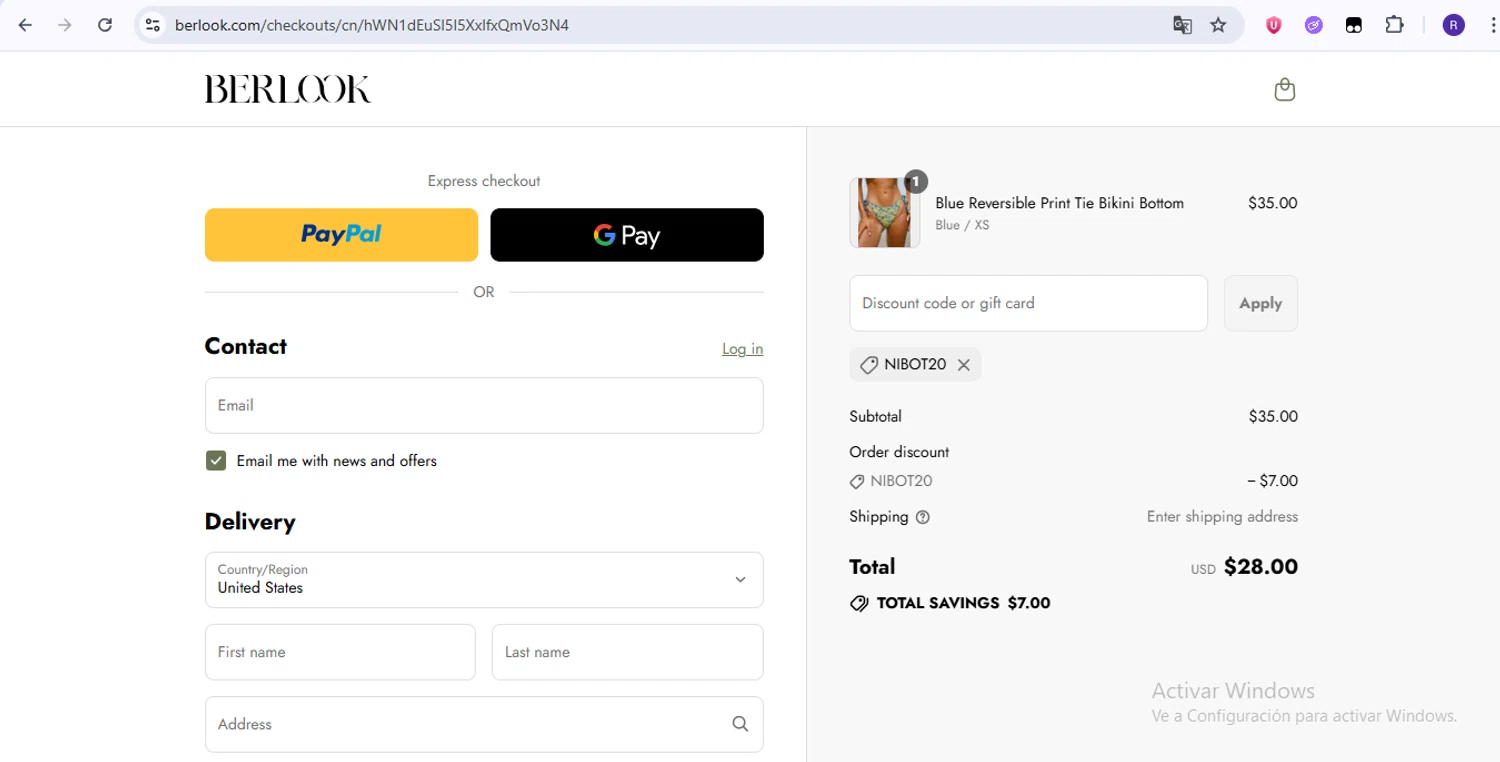 BERLOOK discount code screenshot showing code NIBOT20 applied at BERLOOK checkout page. Uploaded by SimplyCodes community member zurdinha on Aug 10, 2025