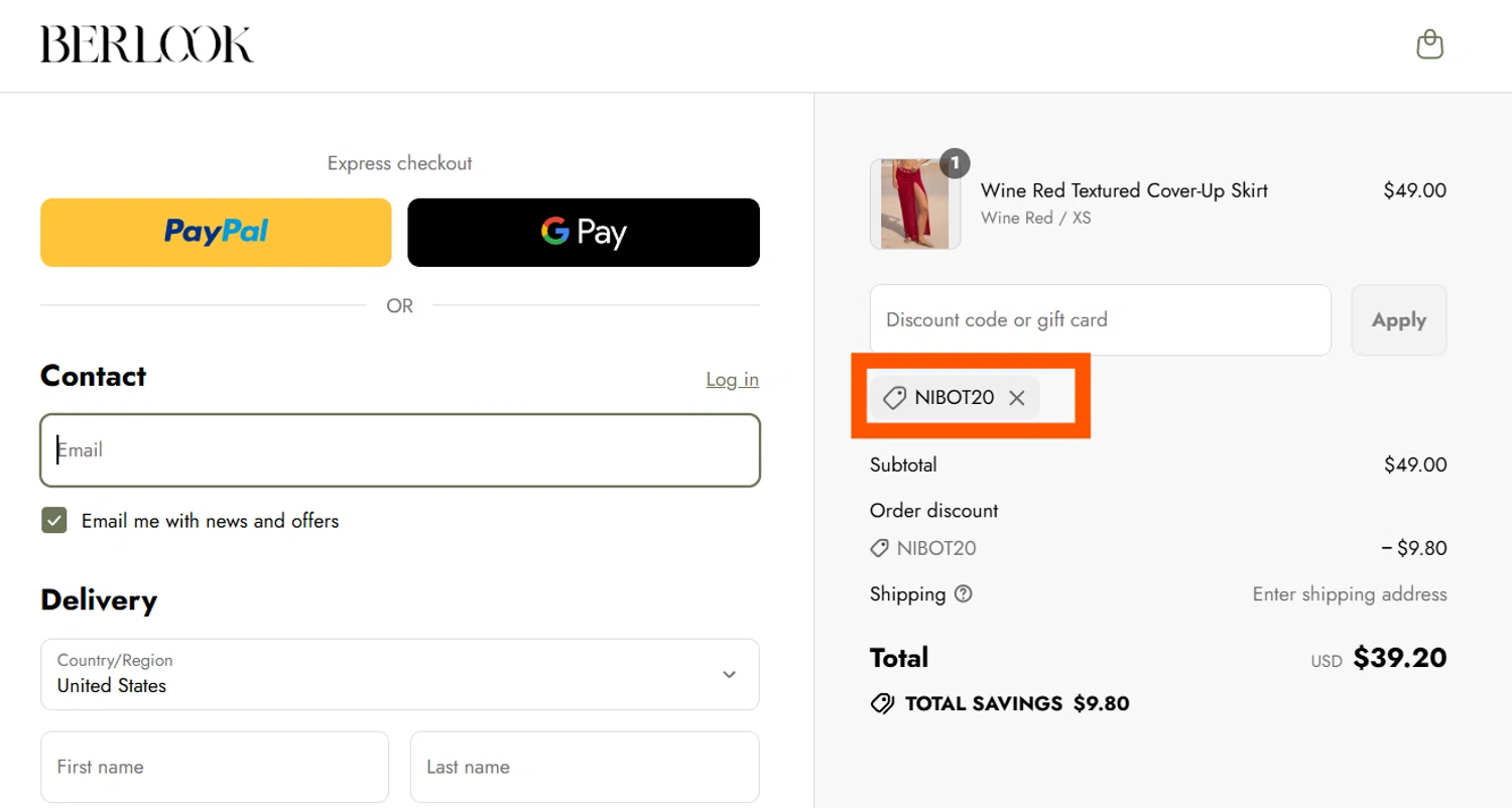 BERLOOK discount code screenshot showing code NIBOT20 applied at BERLOOK checkout page. Uploaded by SimplyCodes community member CleverSentinel4477 on Jul 25, 2025
