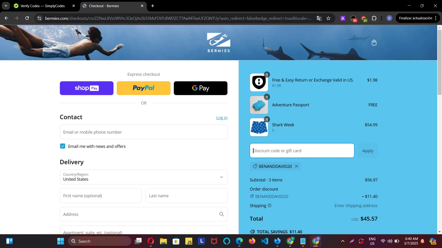 Bermies discount code screenshot showing code BENANDDAVID20 applied at Bermies checkout page. Uploaded by SimplyCodes community member DiscountScholar7793 on Mar 7, 2025