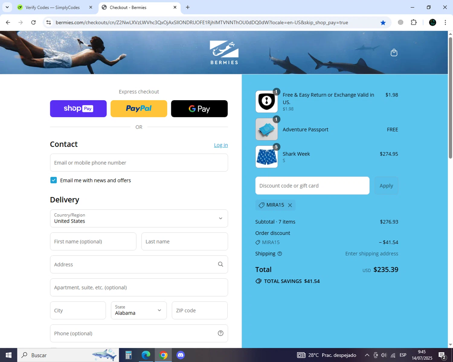 Bermies discount code screenshot showing code MIRA15 applied at Bermies checkout page. Uploaded by SimplyCodes community member GoldSaver5472 on Jul 14, 2025