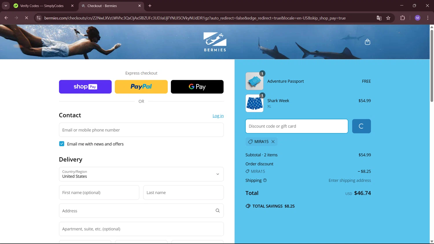 Bermies discount code screenshot showing code MIRA15 applied at Bermies checkout page. Uploaded by SimplyCodes community member MightyShopper3015 on Mar 22, 2025