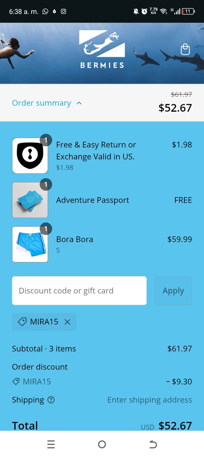 Bermies discount code screenshot showing code MIRA15 applied at Bermies checkout page. Uploaded by SimplyCodes community member TokenAce5969 on Feb 21, 2025