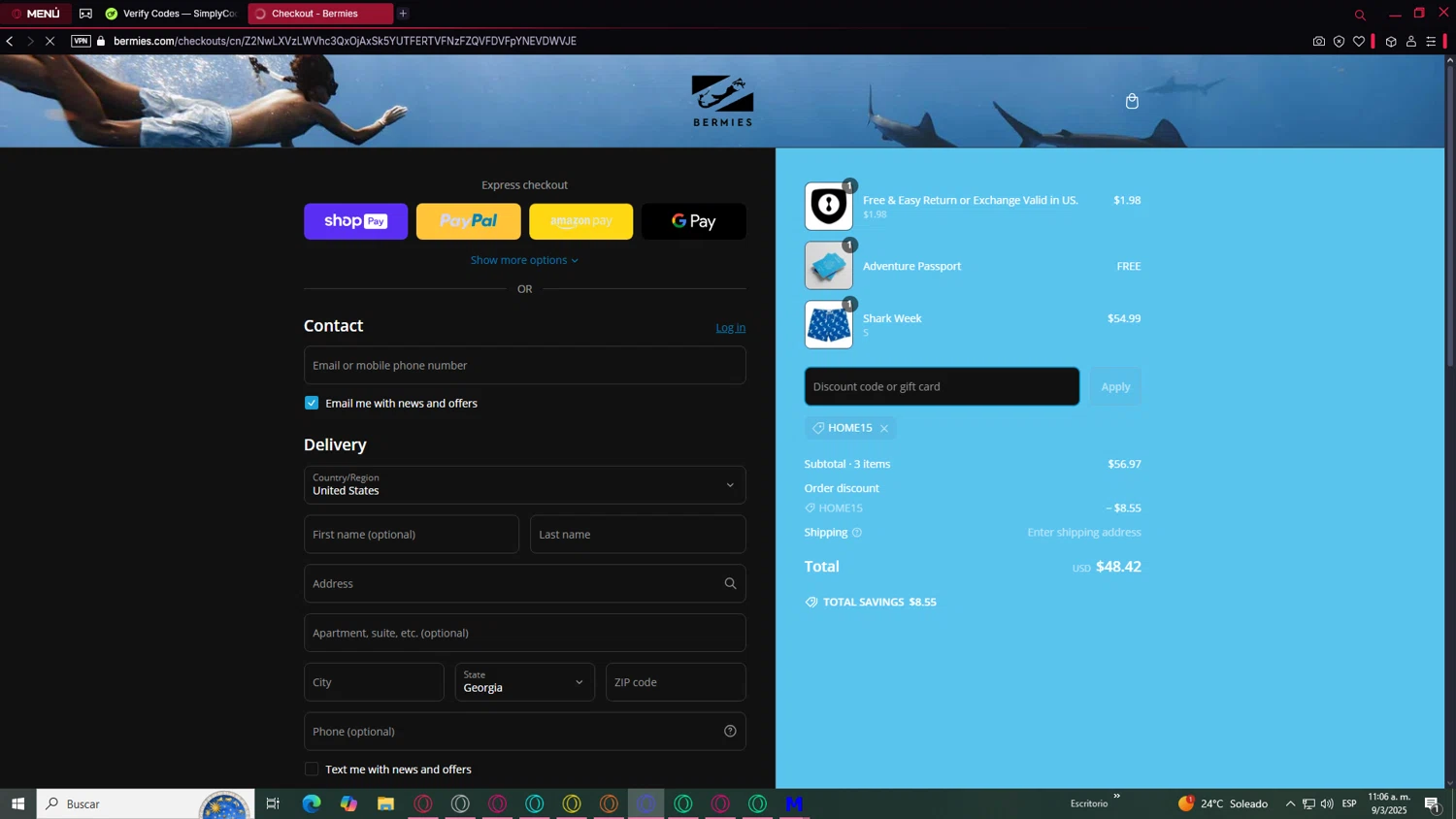 Bermies discount code screenshot showing code HOME15 applied at Bermies checkout page. Uploaded by SimplyCodes community member DealCaptain7241 on Mar 9, 2025