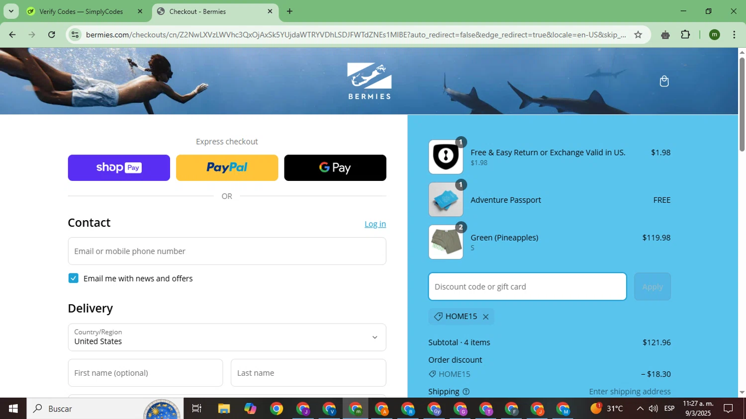 Bermies discount code screenshot showing code HOME15 applied at Bermies checkout page. Uploaded by SimplyCodes community member CoinSage7057 on Mar 9, 2025