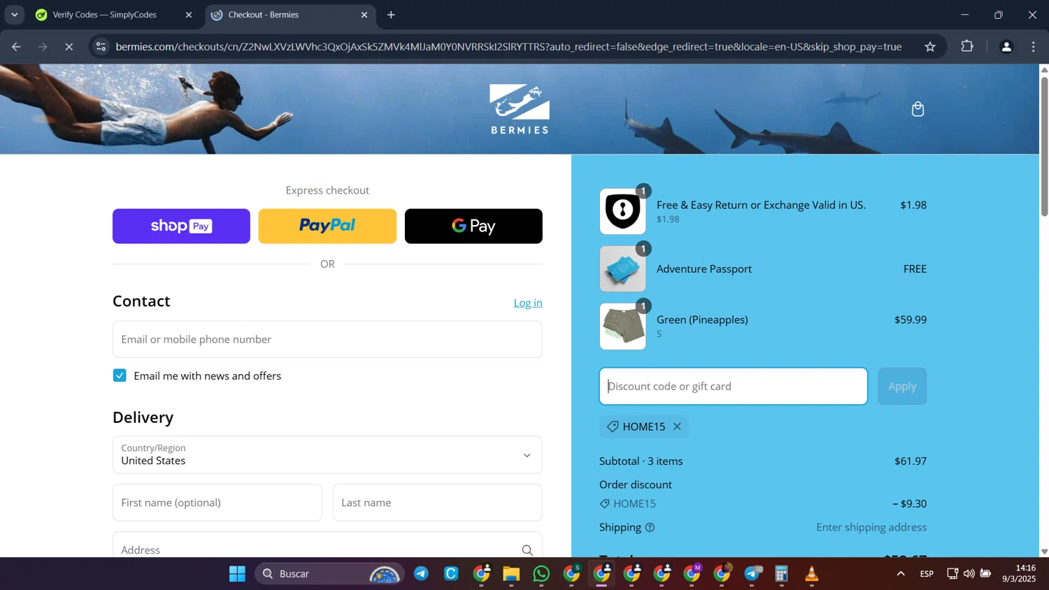 Bermies discount code screenshot showing code HOME15 applied at Bermies checkout page. Uploaded by SimplyCodes community member CleverFalcon6244 on Mar 9, 2025