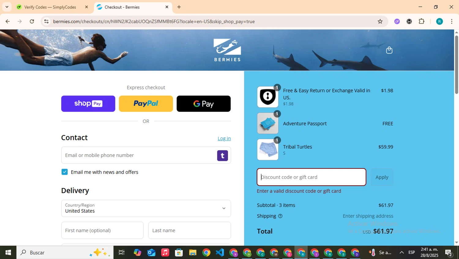 Bermies discount code screenshot showing code savecodeknock applied at Bermies checkout page. Uploaded by SimplyCodes community member BudgetHero4407 on Aug 28, 2025