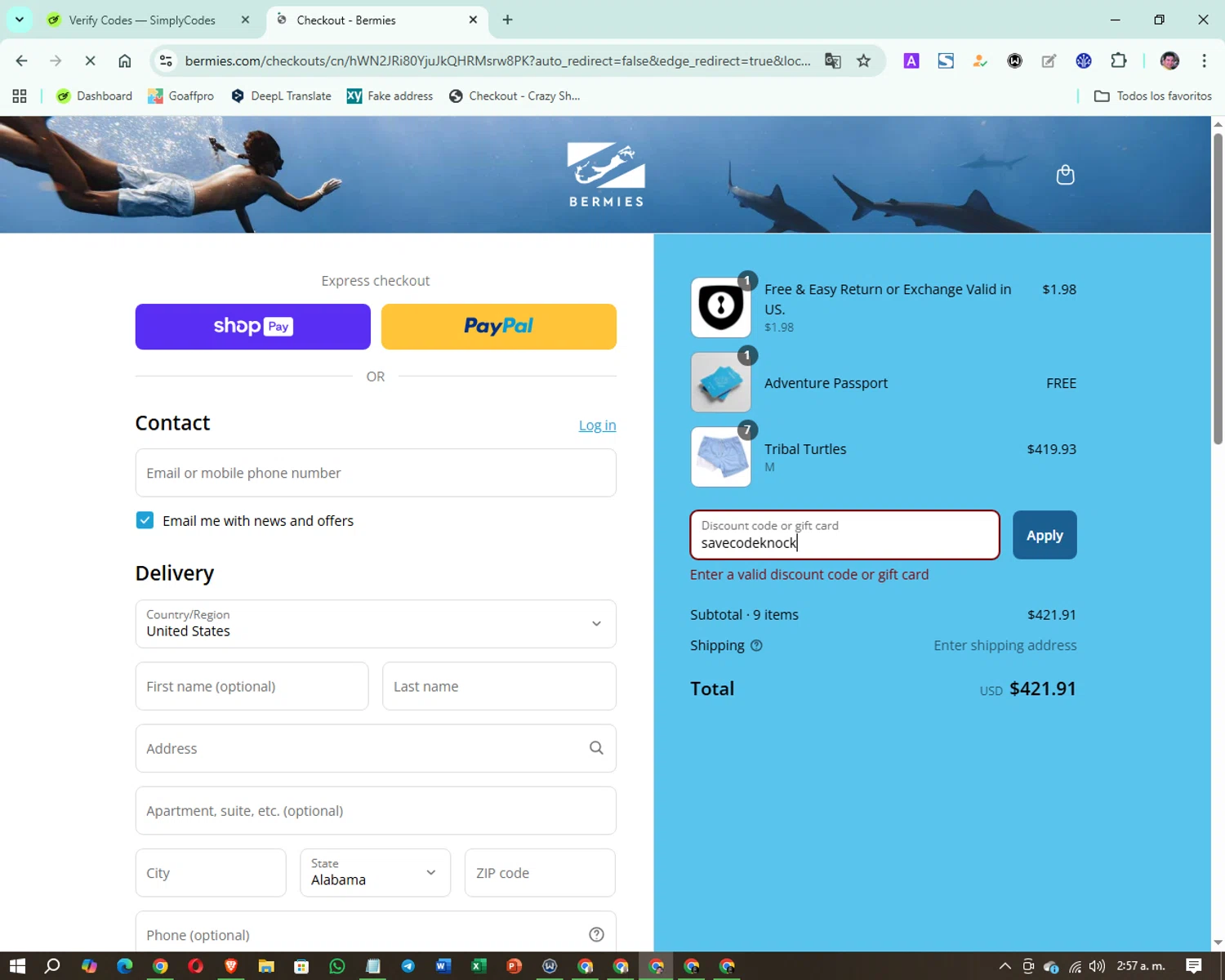 Bermies discount code screenshot showing code savecodeknock applied at Bermies checkout page. Uploaded by SimplyCodes community member GutFig08 on Aug 28, 2025