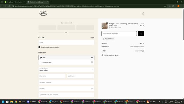 Bernal Cutlery checkout page showing Bernal Cutlery promo code box | Screenshot taken by SimplyCodes community member on Mar 23, 2025