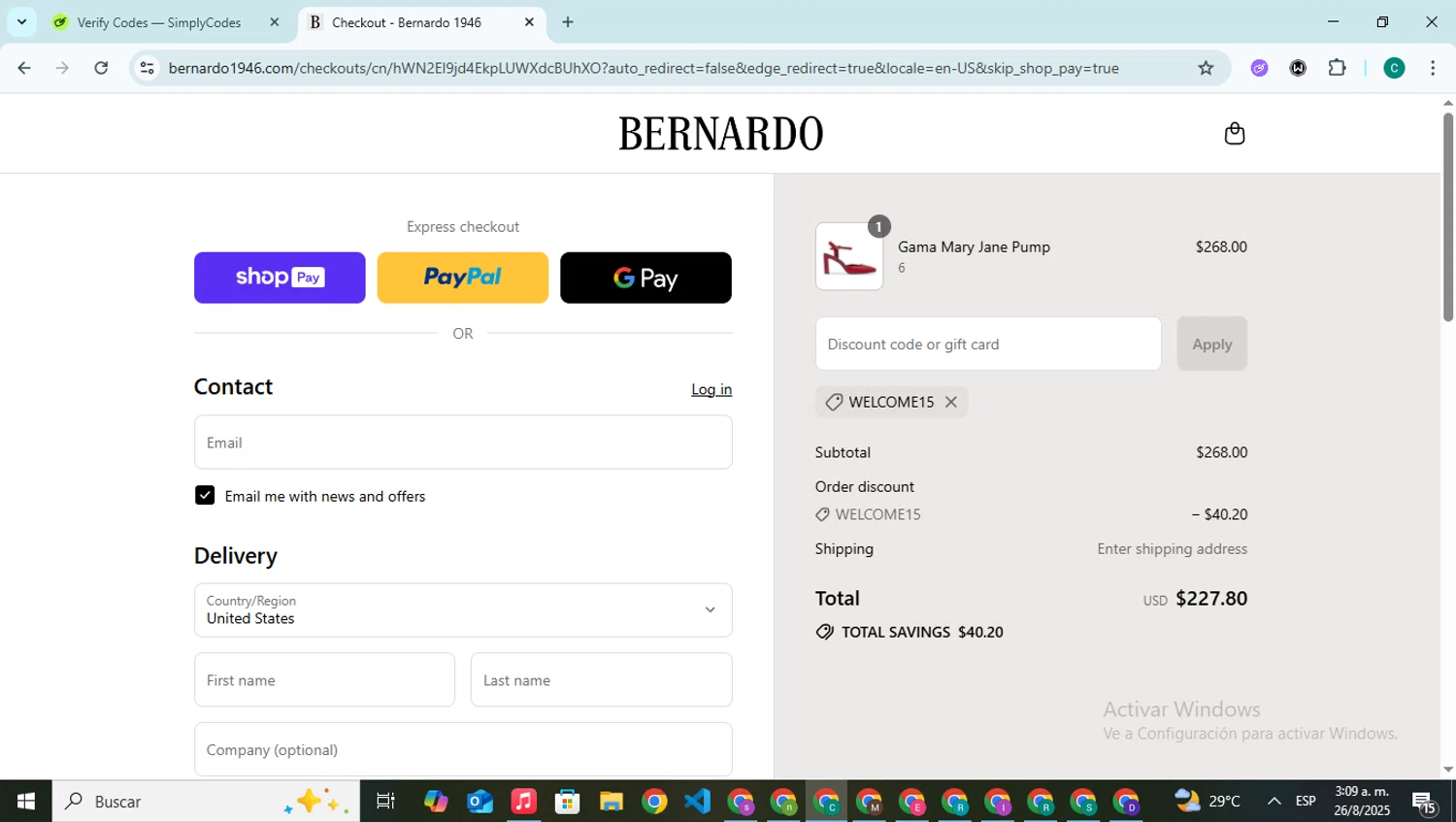 Bernardo 1946 discount code screenshot showing code WELCOME15 applied at Bernardo 1946 checkout page. Uploaded by SimplyCodes community member BonusPilot927 on Aug 26, 2025