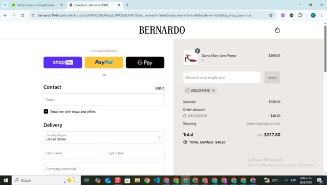 Bernardo 1946 checkout page showing Bernardo 1946 discount code box | Screenshot taken by SimplyCodes community member on Aug 26, 2025