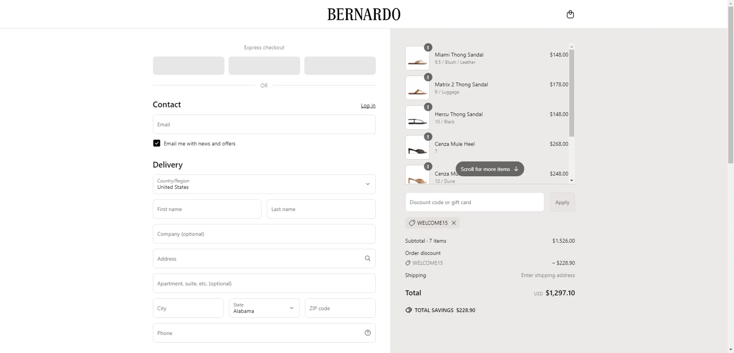 Bernardo 1946 discount code screenshot showing code WELCOME15 applied at Bernardo 1946 checkout page. Uploaded by SimplyCodes community member BonusWhiz5849 on May 23, 2025