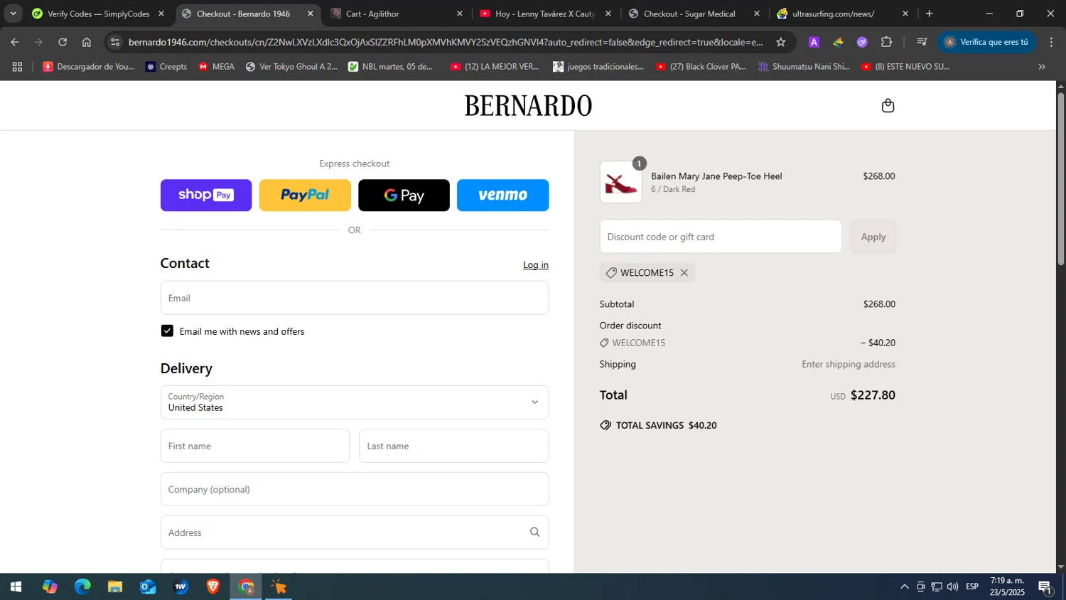 Bernardo 1946 discount code screenshot showing code WELCOME15 applied at Bernardo 1946 checkout page. Uploaded by SimplyCodes community member yasabesssss on May 23, 2025