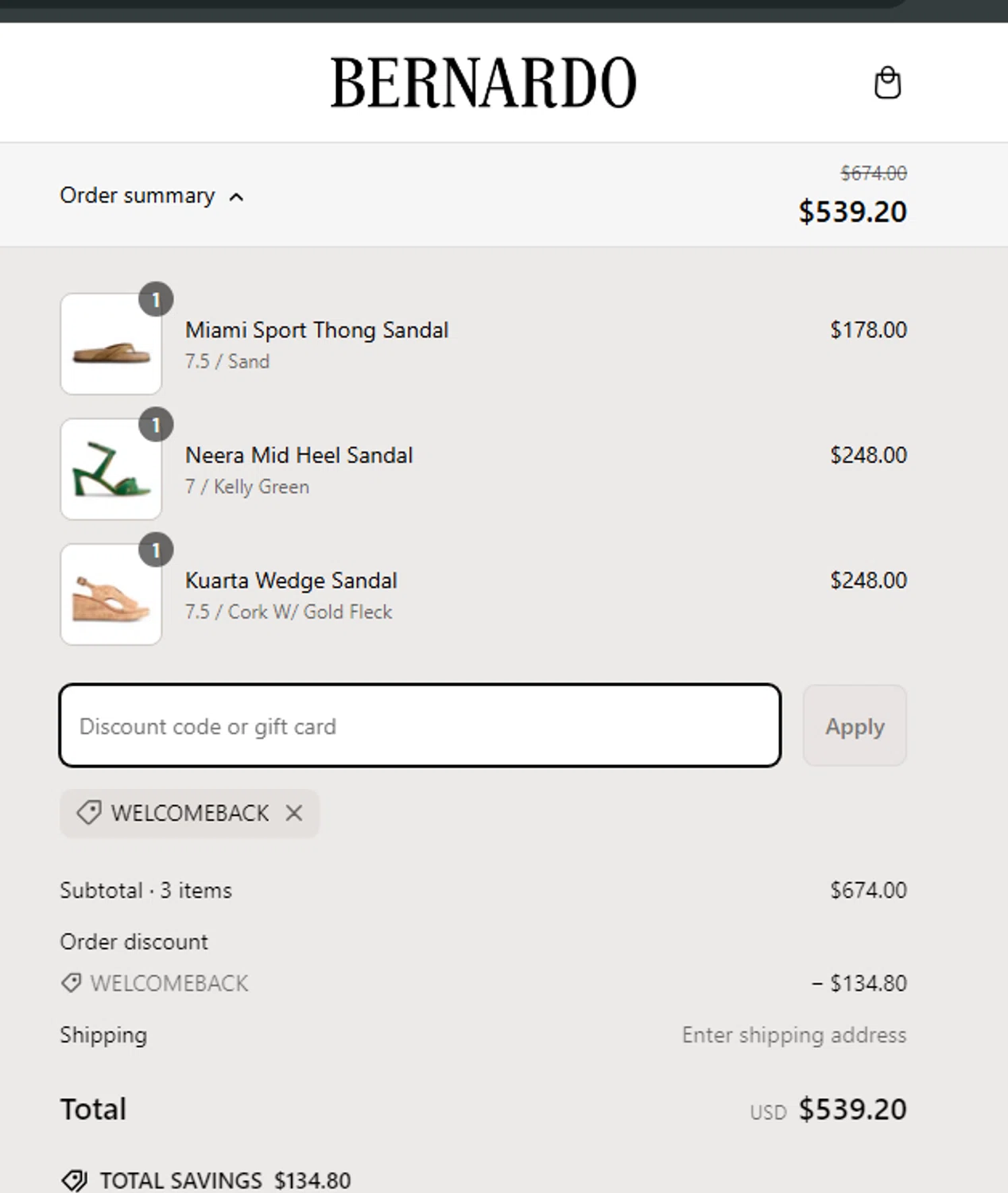 Bernardo 1946 discount code screenshot showing code WELCOMEBACK applied at Bernardo 1946 checkout page. Uploaded by SimplyCodes community member LuisGaBa on Mar 9, 2025