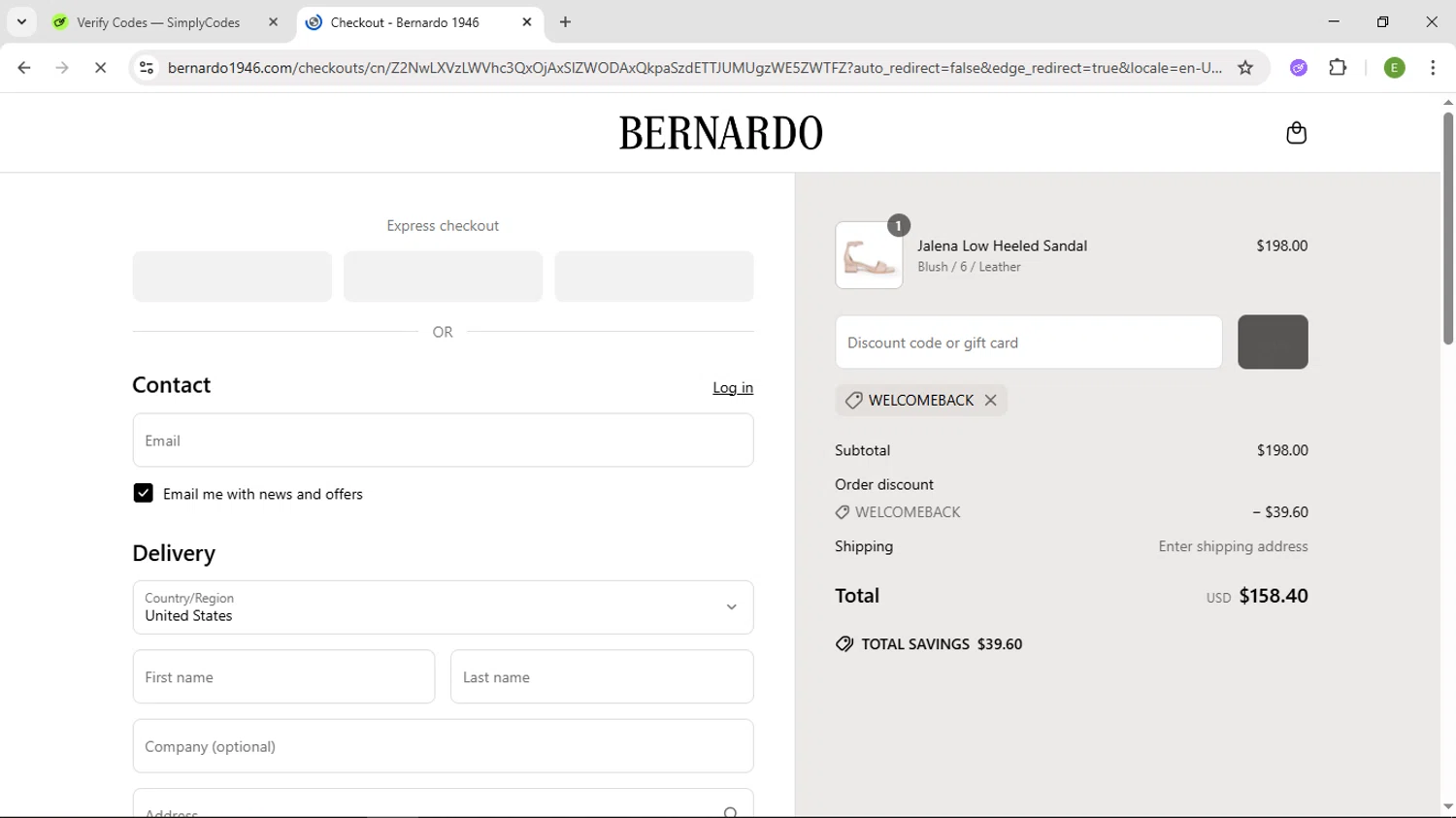 Bernardo 1946 discount code screenshot showing code WELCOMEBACK applied at Bernardo 1946 checkout page. Uploaded by SimplyCodes community member SUZUKIV on May 22, 2025