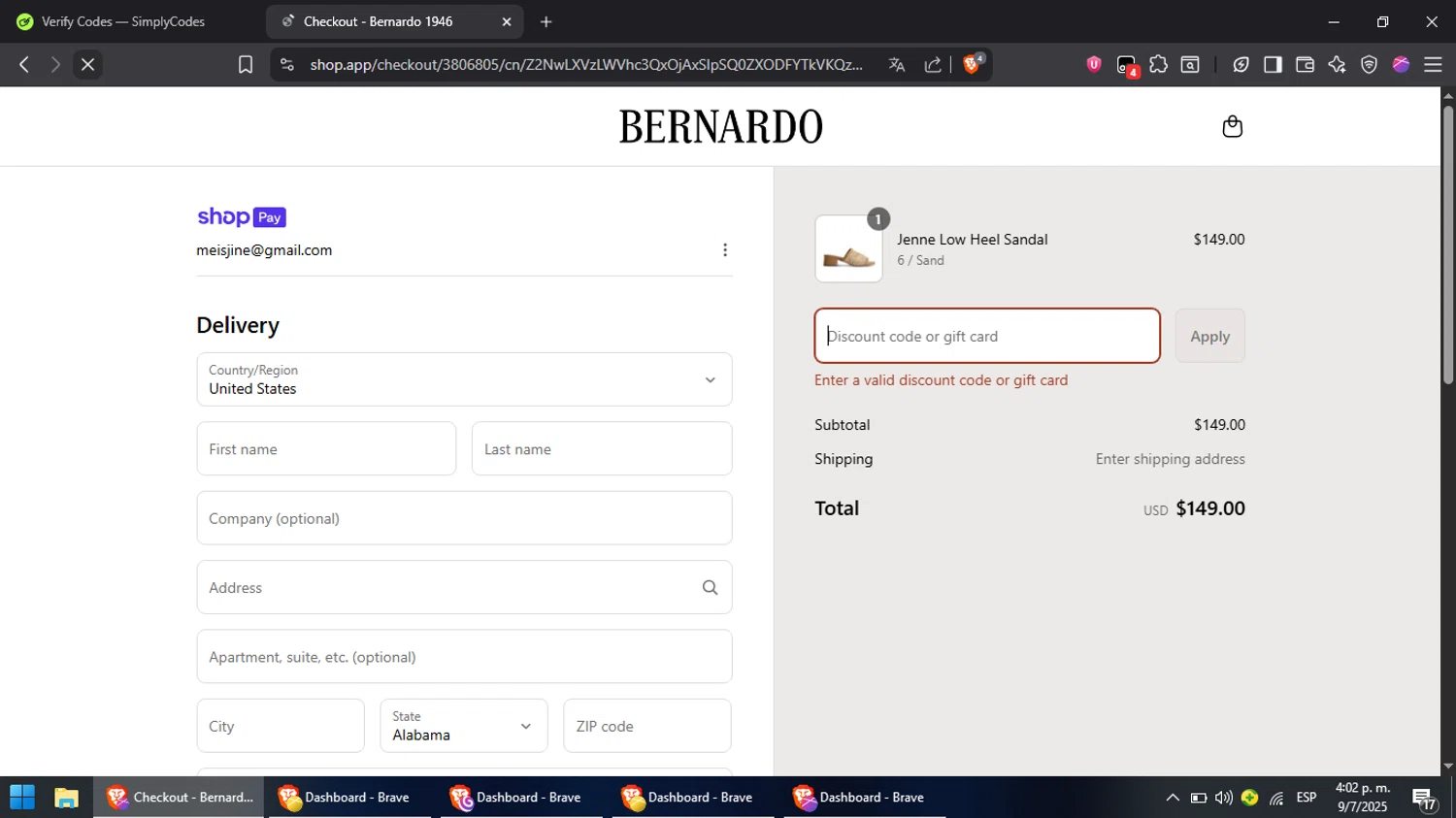 Bernardo 1946 discount code screenshot showing code SUMMERSALE25 applied at Bernardo 1946 checkout page. Uploaded by SimplyCodes community member Cynoxx on Jul 9, 2025