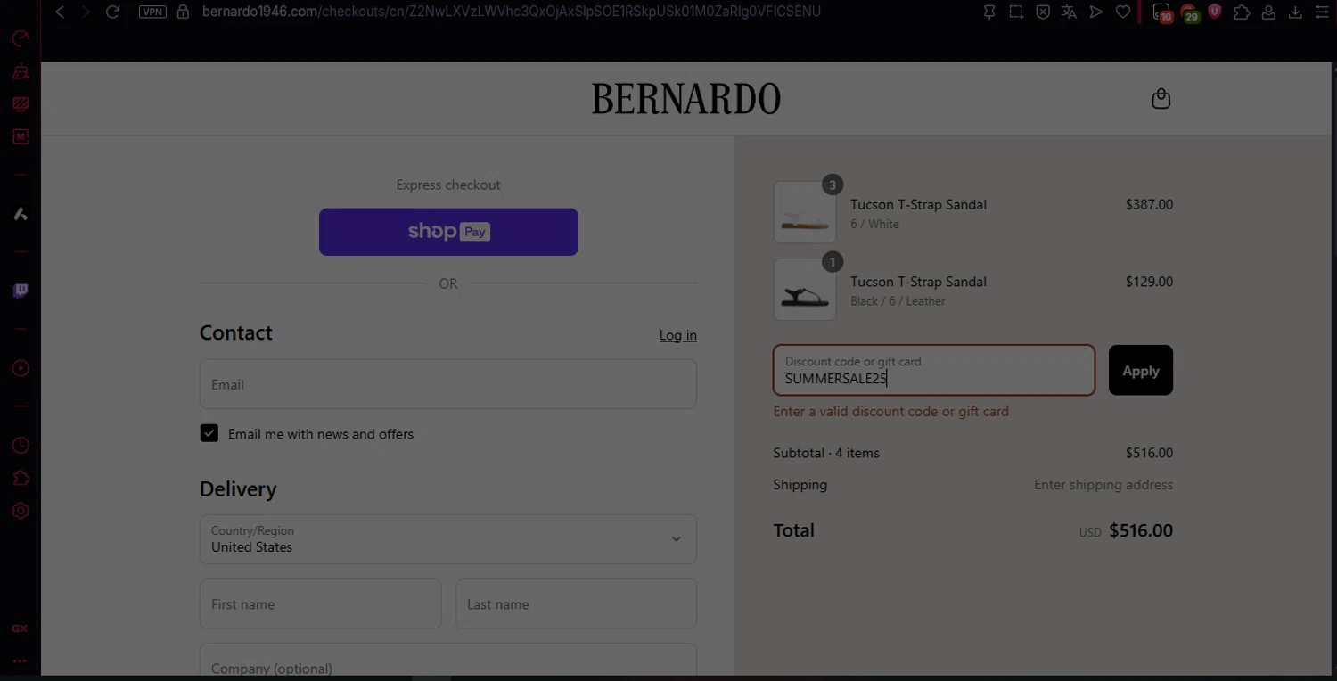 Bernardo 1946 discount code screenshot showing code SUMMERSALE25 applied at Bernardo 1946 checkout page. Uploaded by SimplyCodes community member REYREY on Jul 9, 2025