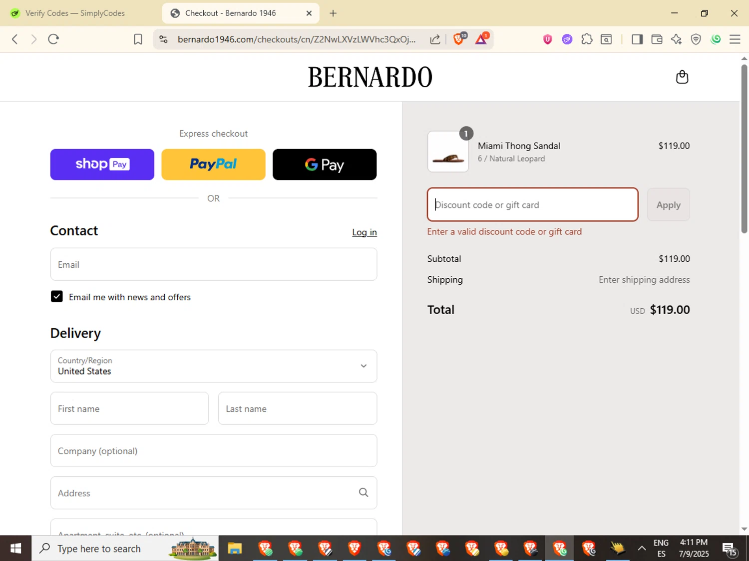 Bernardo 1946 discount code screenshot showing code SUMMERSALE25 applied at Bernardo 1946 checkout page. Uploaded by SimplyCodes community member Shikamaru on Jul 9, 2025