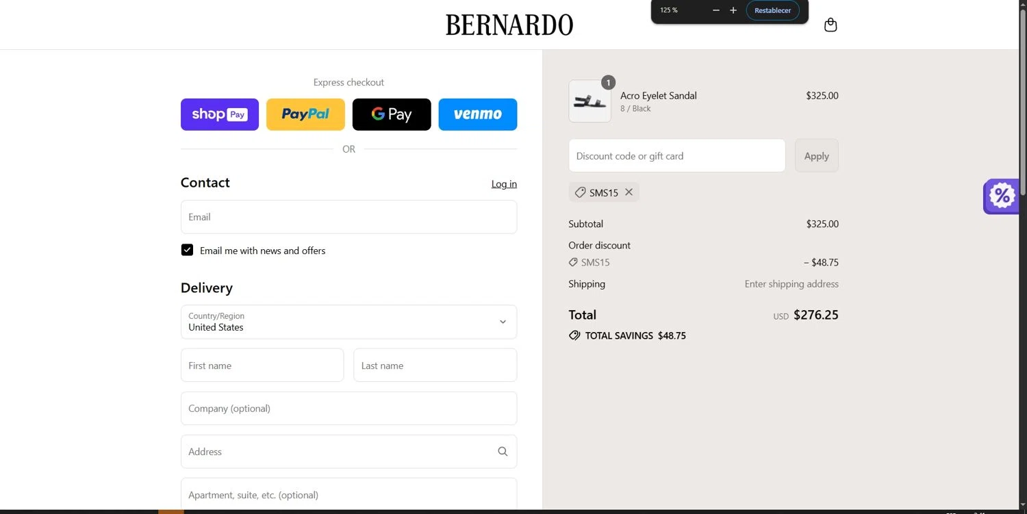 Bernardo 1946 discount code screenshot showing code SMS15 applied at Bernardo 1946 checkout page. Uploaded by SimplyCodes community member Depressive on Jul 11, 2025