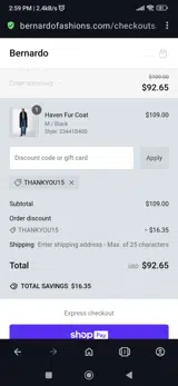 Thankyou15 coupon verification screenshot