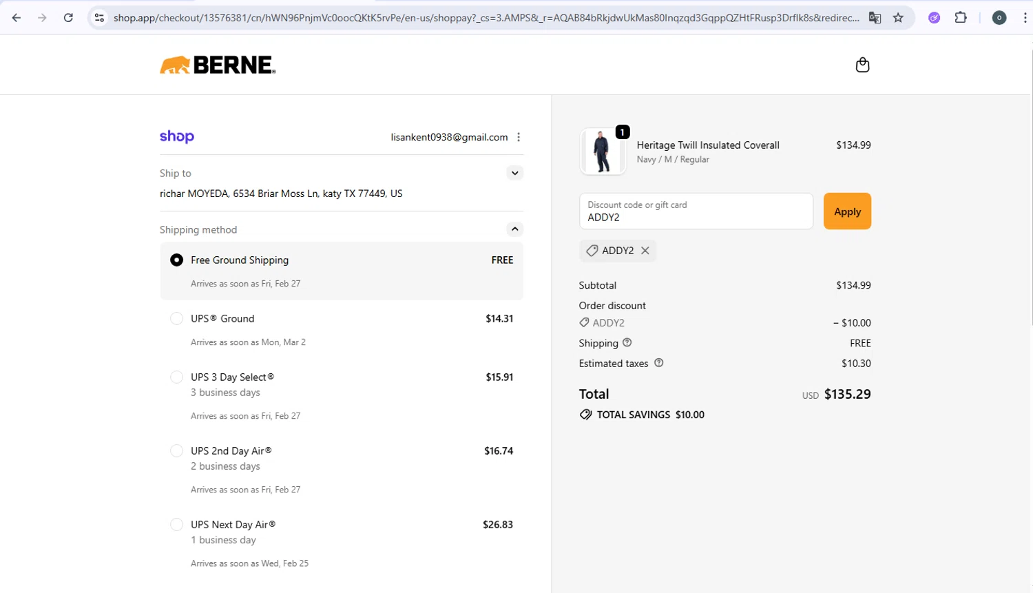 Berne Apparel checkout page showing Berne Apparel discount code box | Screenshot taken by SimplyCodes community member on Feb 23, 2026