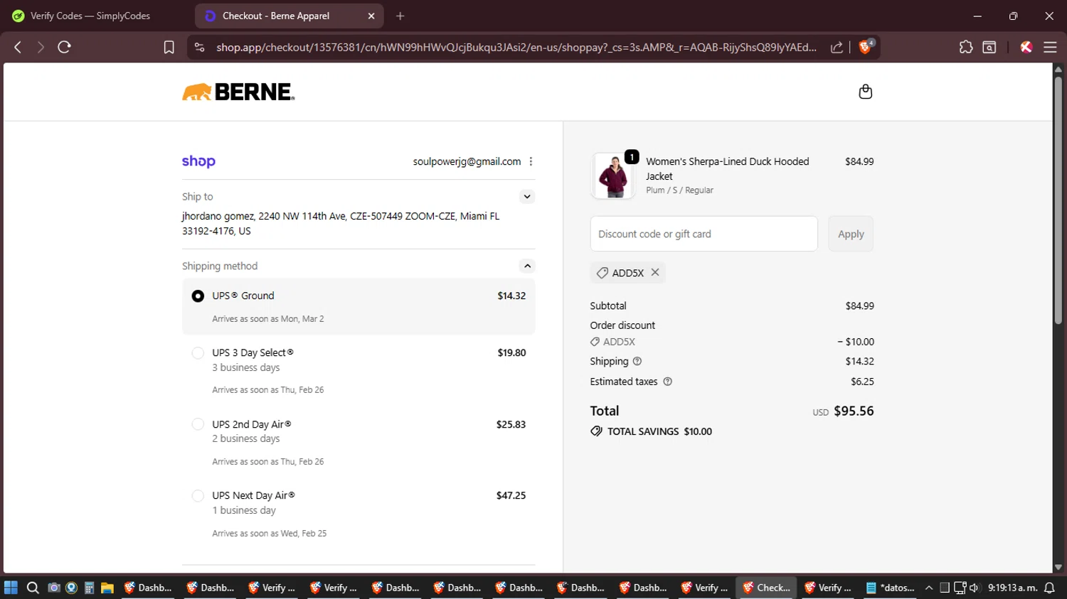 Berne Apparel checkout page showing Berne Apparel discount code box | Screenshot taken by SimplyCodes community member on Feb 24, 2026