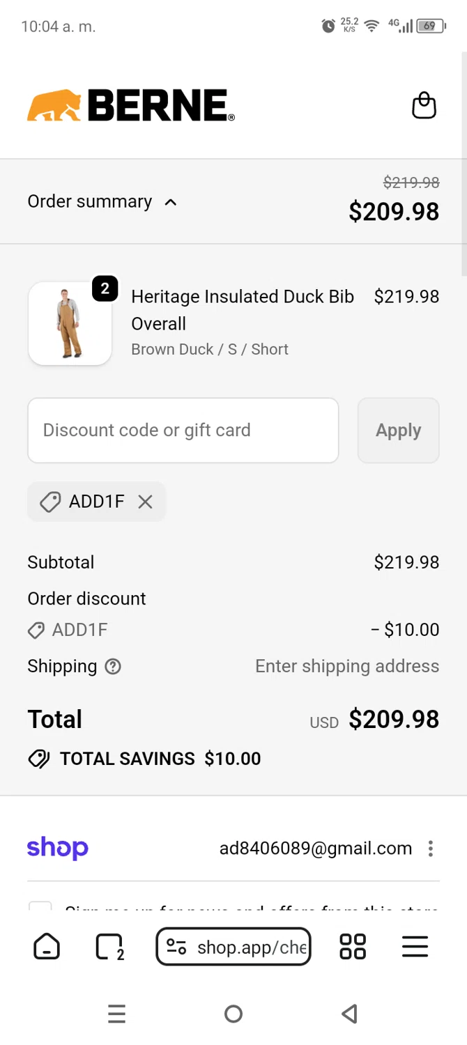 Berne Apparel discount code screenshot showing code ADD1F applied at Berne Apparel checkout page. Uploaded by SimplyCodes community member AnthonyGuapeton94 on Feb 25, 2026