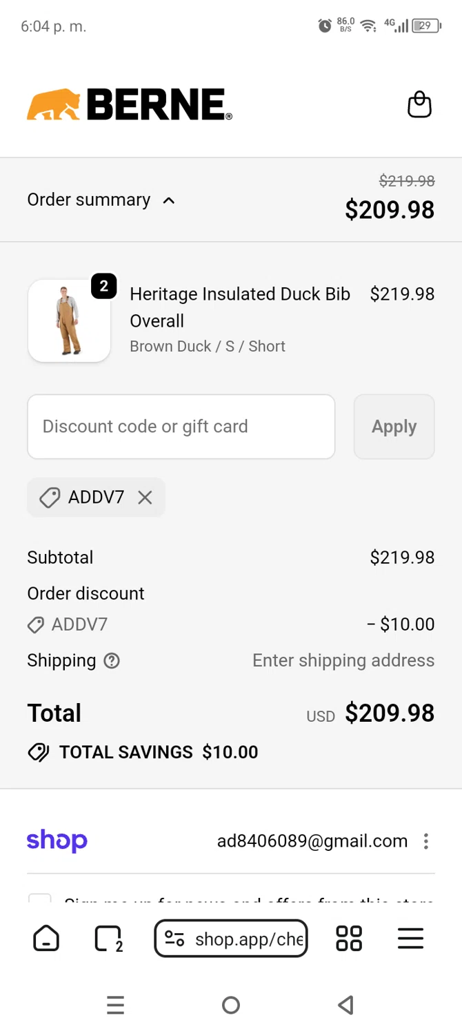 Berne Apparel discount code screenshot showing code ADDV7 applied at Berne Apparel checkout page. Uploaded by SimplyCodes community member AnthonyGuapeton94 on Feb 16, 2026