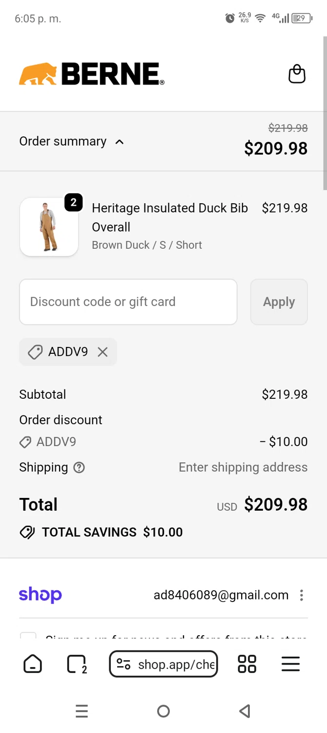 Berne Apparel discount code screenshot showing code ADDV9 applied at Berne Apparel checkout page. Uploaded by SimplyCodes community member AnthonyGuapeton94 on Feb 16, 2026