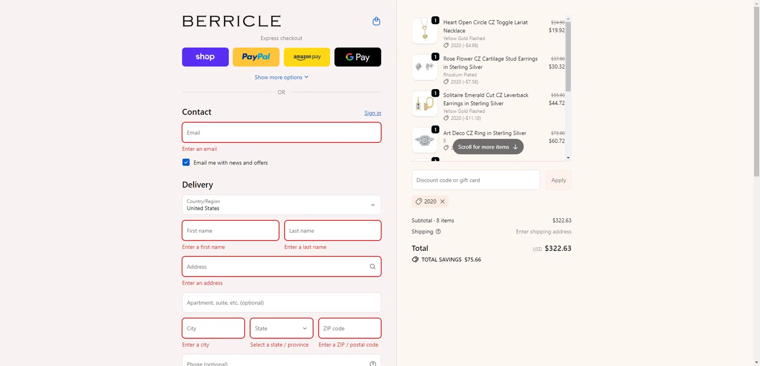 Berricle checkout page showing Berricle promo code box | Screenshot taken by SimplyCodes community member on Feb 17, 2026