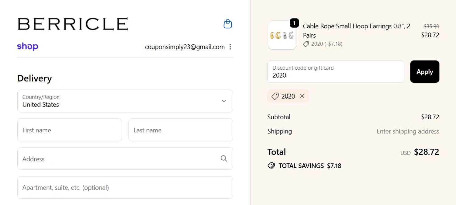 Berricle promo code screenshot showing code 2020 applied at Berricle checkout page. Uploaded by SimplyCodes community member IsabellaMillan on Sep 24, 2025