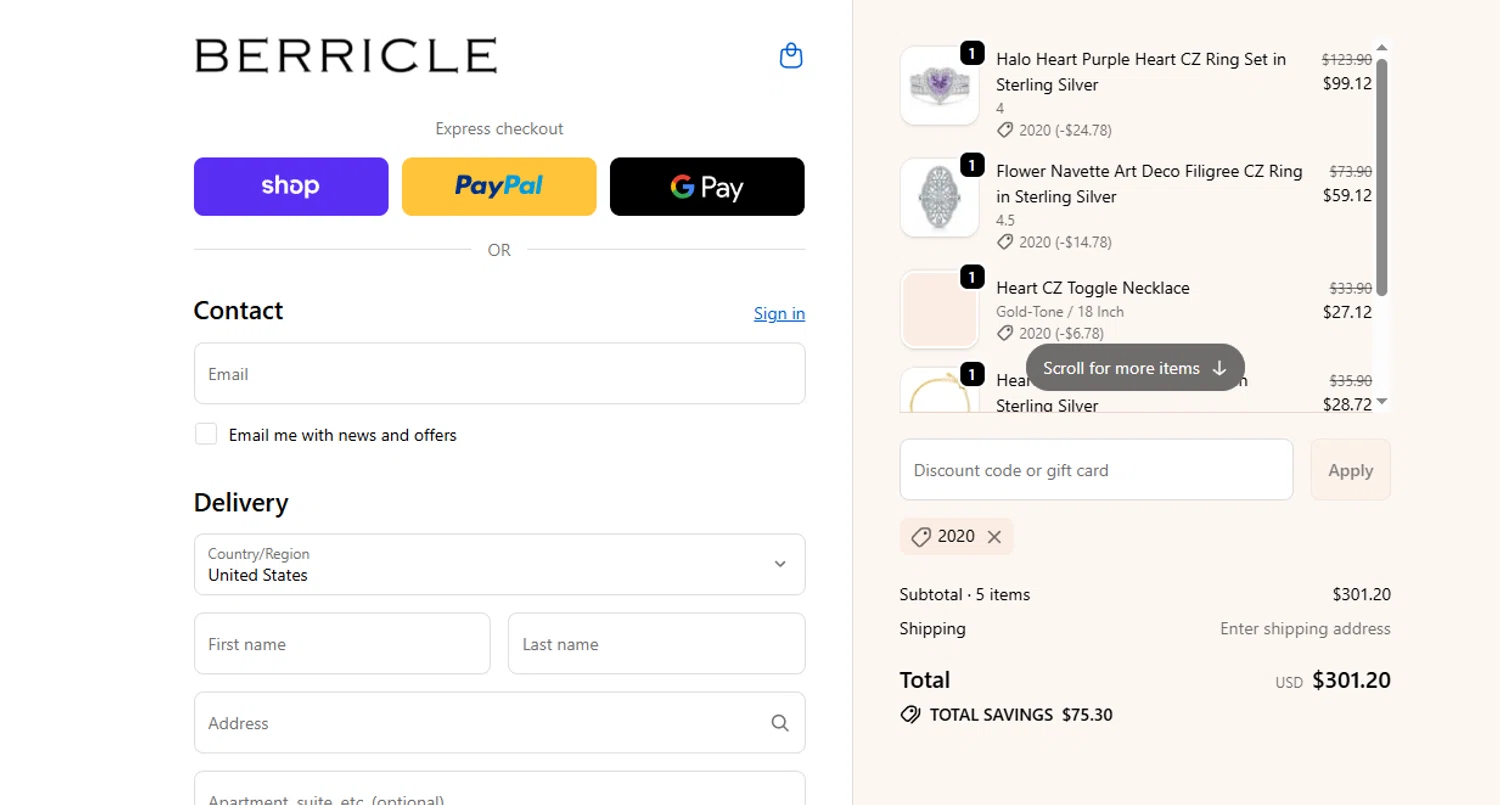 Berricle promo code screenshot showing code 2020 applied at Berricle checkout page. Uploaded by SimplyCodes community member Lismar on Dec 28, 2025