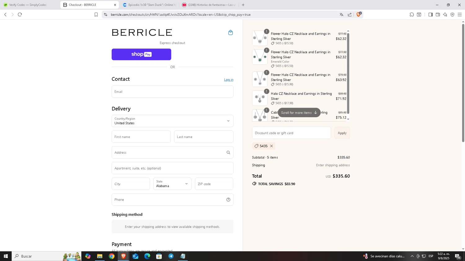 Berricle promo code screenshot showing code 5435 applied at Berricle checkout page. Uploaded by SimplyCodes community member Carloscoder_900457733 on Aug 9, 2025