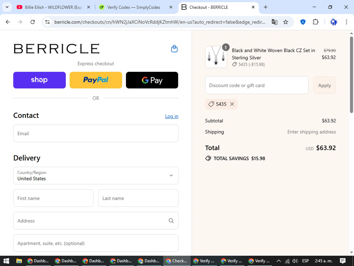 Berricle promo code screenshot showing code 5435 applied at Berricle checkout page. Uploaded by SimplyCodes community member WiseHunter8213 on Sep 8, 2025