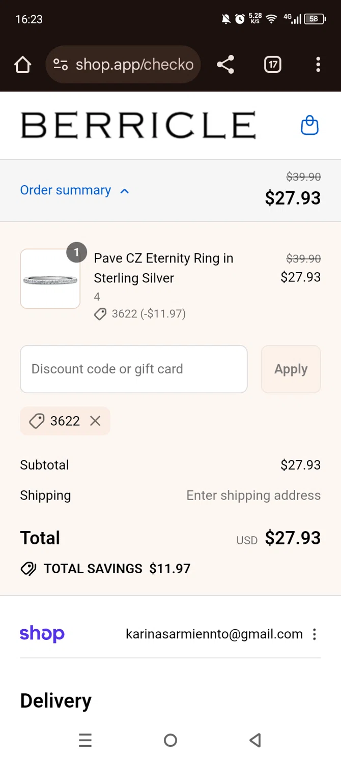 Berricle promo code screenshot showing code 3622 applied at Berricle checkout page. Uploaded by SimplyCodes community member Olivatle on Sep 3, 2025