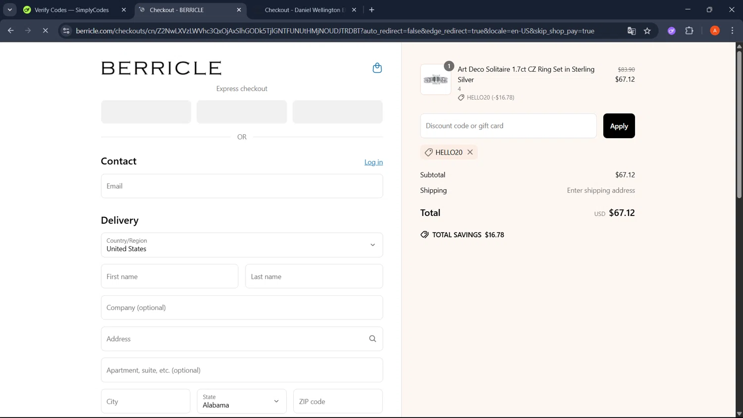 Berricle promo code screenshot showing code hello20 applied at Berricle checkout page. Uploaded by SimplyCodes community member GoldChaser2970 on Jun 11, 2025