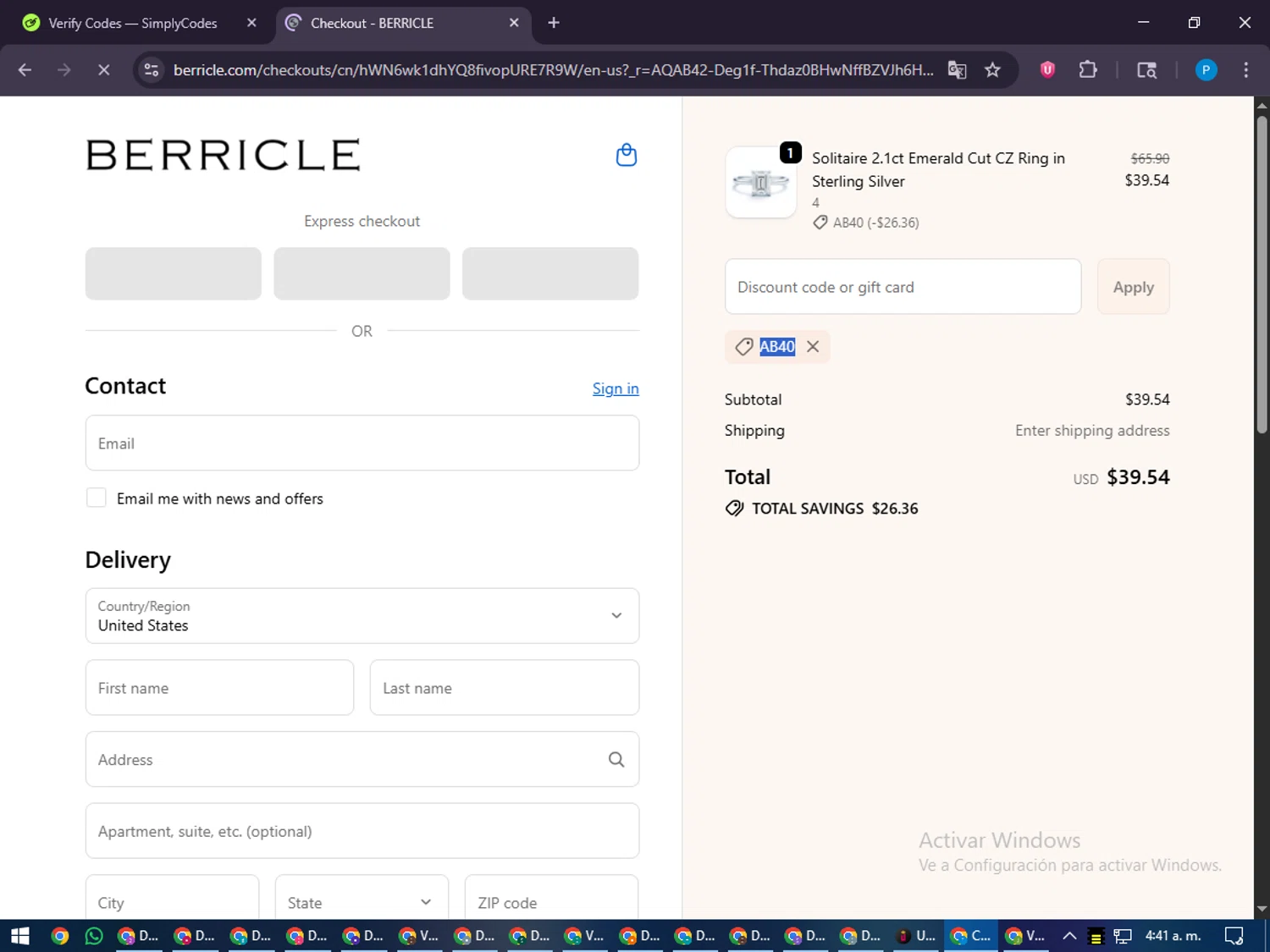 Berricle promo code screenshot showing code Ab40 applied at Berricle checkout page. Uploaded by SimplyCodes community member juiceWRLD on Dec 28, 2025
