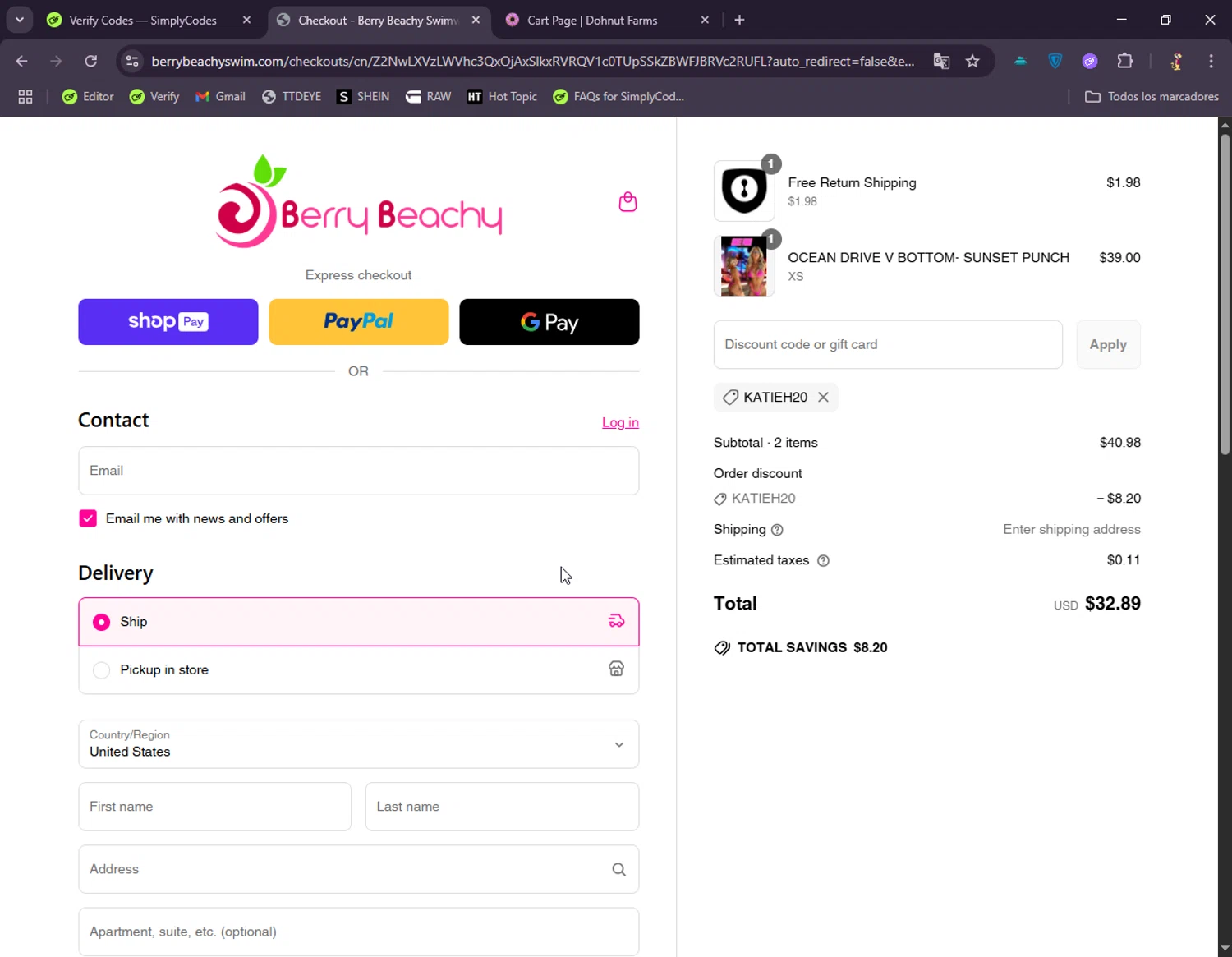 Berry Beachy Swimwear discount code screenshot showing code KATIEH20 applied at Berry Beachy Swimwear checkout page. Uploaded by SimplyCodes community member DonGato on Jun 18, 2025