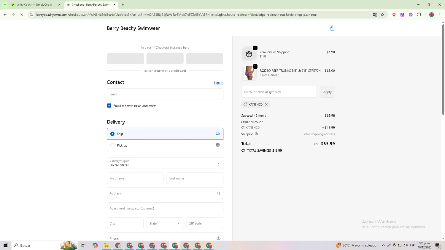 Berry Beachy Swimwear discount code screenshot showing code KATIEH20 applied at Berry Beachy Swimwear checkout page. Uploaded by SimplyCodes community member Michael_Brown on Dec 10, 2025