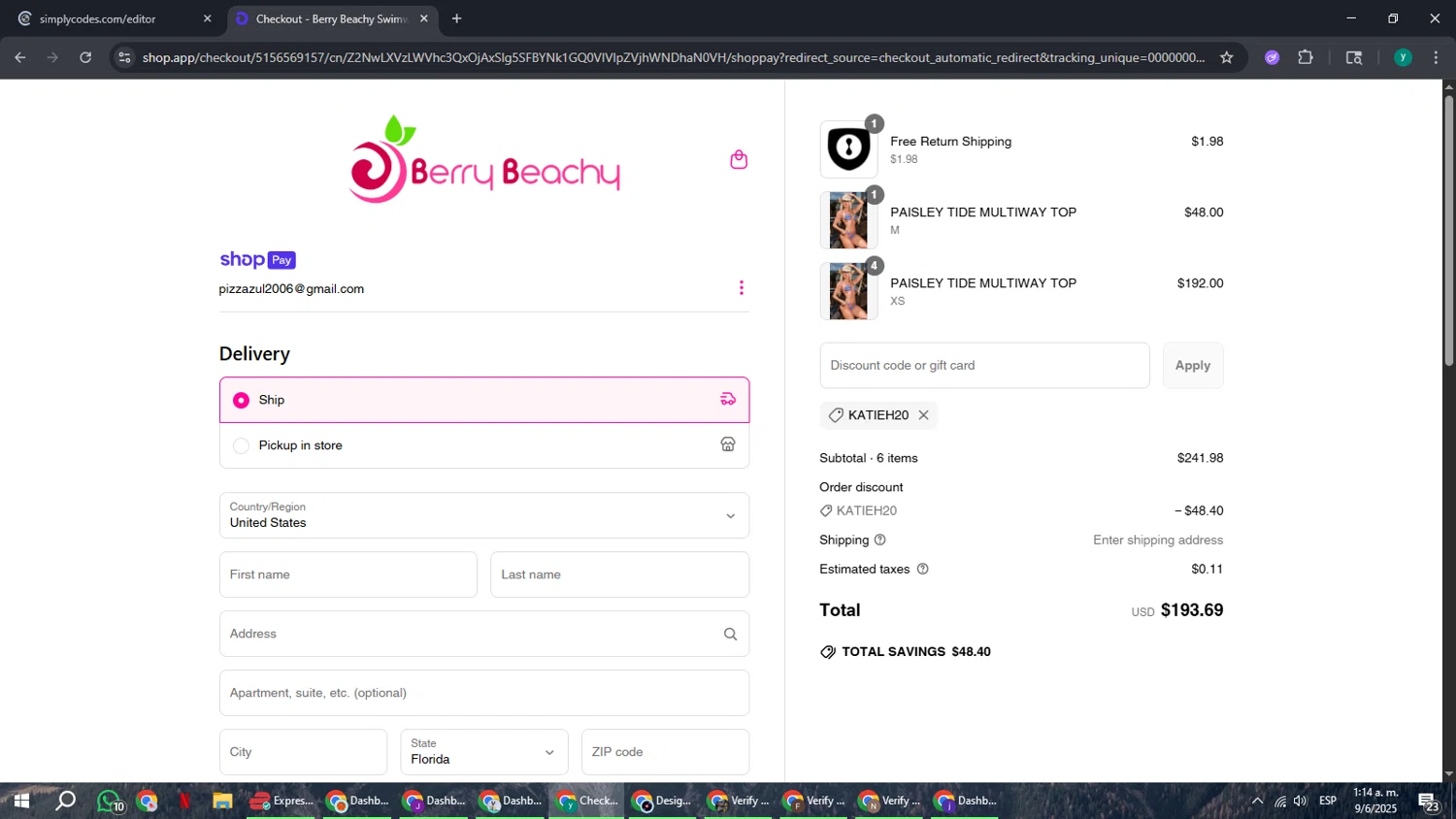 Berry Beachy Swimwear discount code screenshot showing code KATIEH20 applied at Berry Beachy Swimwear checkout page. Uploaded by SimplyCodes community member RoyalBoss4384 on Jun 9, 2025