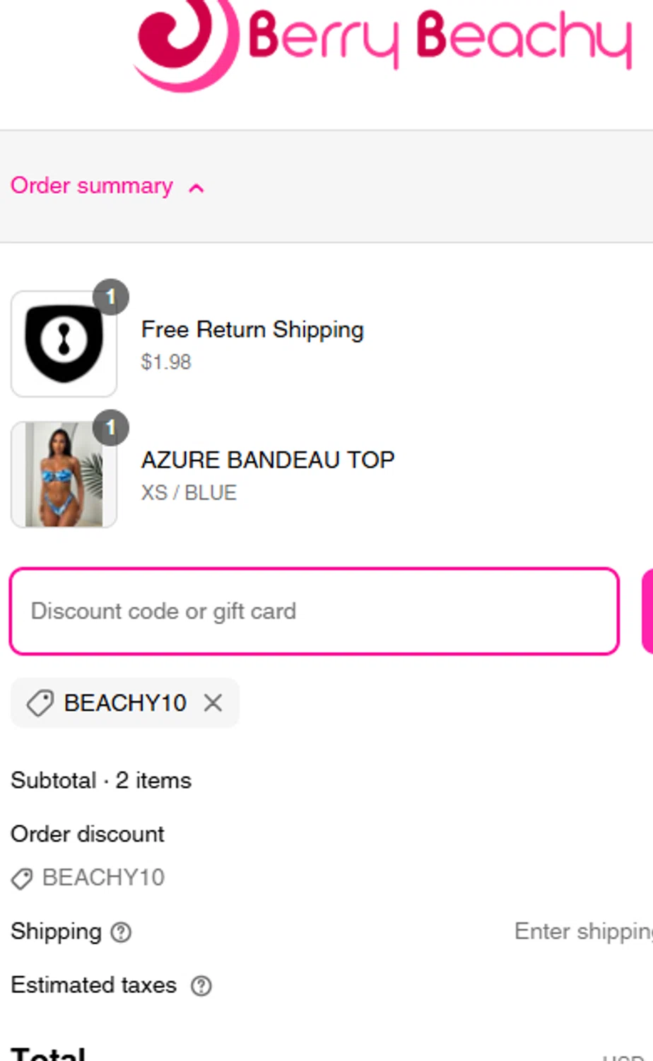 Berry Beachy Swimwear discount code screenshot showing code BEACHY10 applied at Berry Beachy Swimwear checkout page. Uploaded by SimplyCodes community member Kaizen on Apr 5, 2025