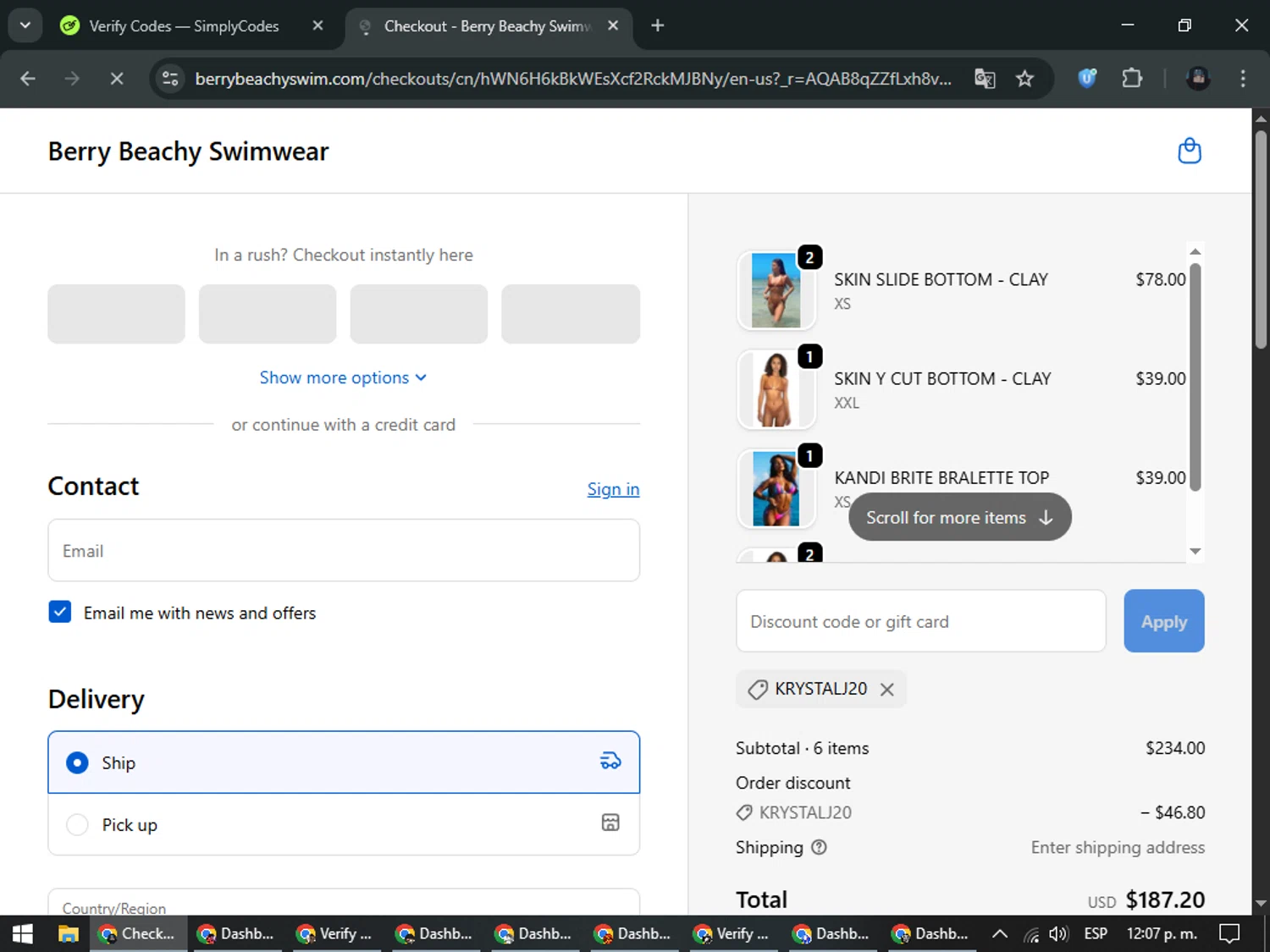 Berry Beachy Swimwear discount code screenshot showing code KRYSTALJ20 applied at Berry Beachy Swimwear checkout page. Uploaded by SimplyCodes community member ValueElite5945 on Dec 10, 2025