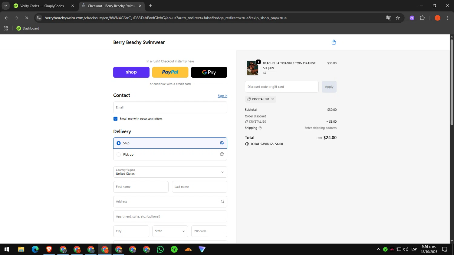 Berry Beachy Swimwear discount code screenshot showing code KRYSTALJ20 applied at Berry Beachy Swimwear checkout page. Uploaded by SimplyCodes community member luissdbv4 on Oct 18, 2025