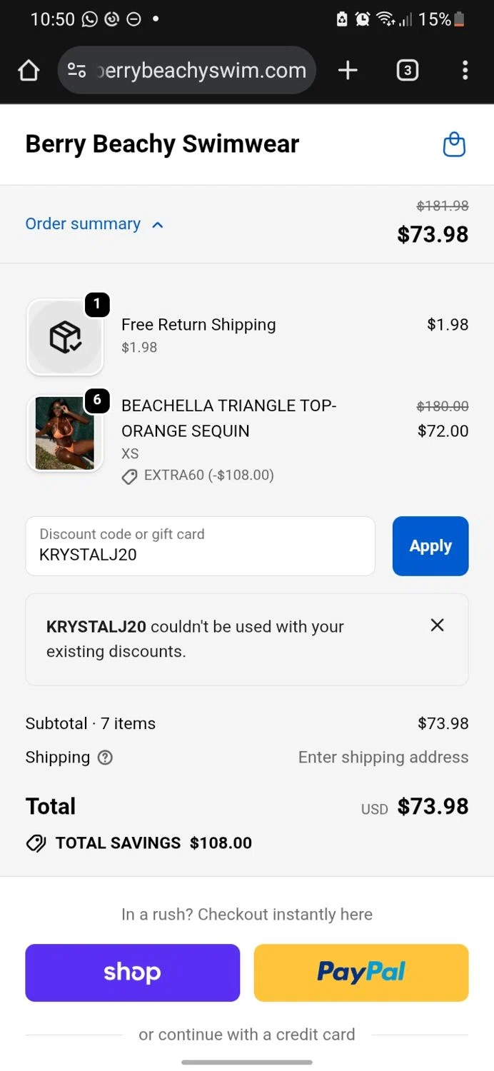 Berry Beachy Swimwear discount code screenshot showing code KRYSTALJ20 applied at Berry Beachy Swimwear checkout page. Uploaded by SimplyCodes community member miguelcrast on Dec 5, 2025