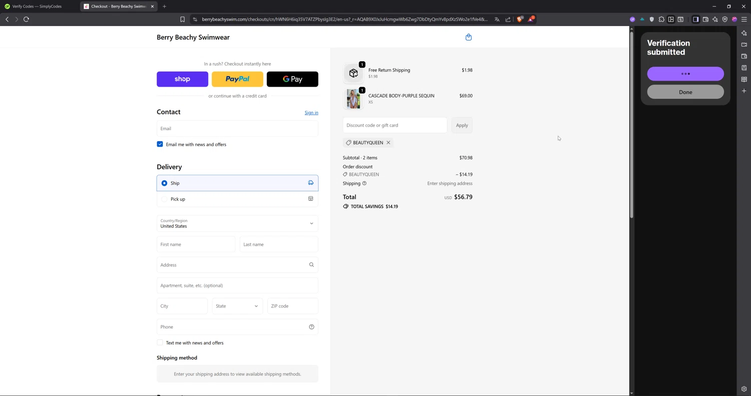 Berry Beachy Swimwear discount code screenshot showing code BEAUTYQUEEN applied at Berry Beachy Swimwear checkout page. Uploaded by SimplyCodes community member Cbombis on Dec 10, 2025