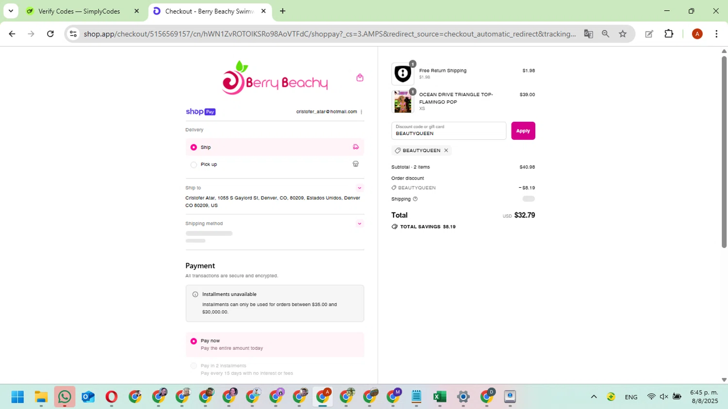 Berry Beachy Swimwear discount code screenshot showing code BEAUTYQUEEN applied at Berry Beachy Swimwear checkout page. Uploaded by SimplyCodes community member FundoKadmiel on Aug 8, 2025