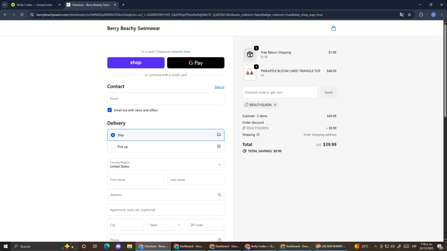 Berry Beachy Swimwear discount code screenshot showing code BEAUTYQUEEN applied at Berry Beachy Swimwear checkout page. Uploaded by SimplyCodes community member RoyalExpert3857 on Dec 23, 2025